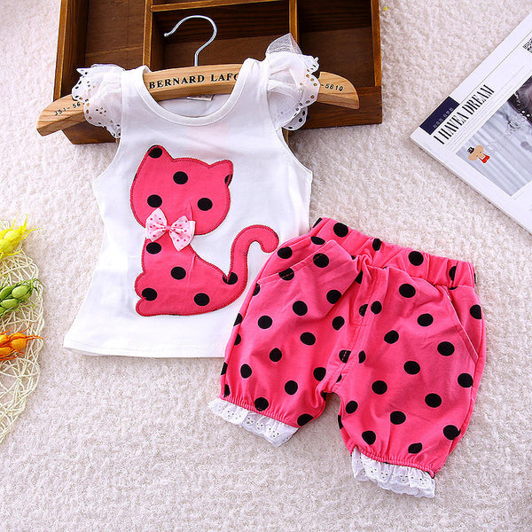 Clothing Set Children Bow Cat Shirt+Shorts Suit