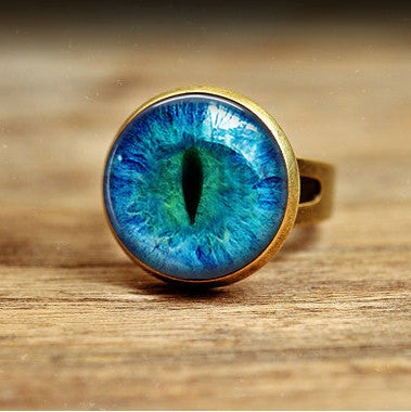 Vintage Glass Cat Eye Ring Art Picture Bronze And Silver