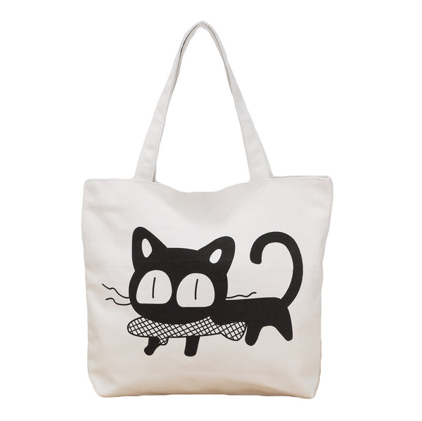 Women Nylon Bag Cute Cat Printed Shopping Bag