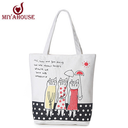 Fashion Cute Canvas Handbag Women Cats Printed Bag
