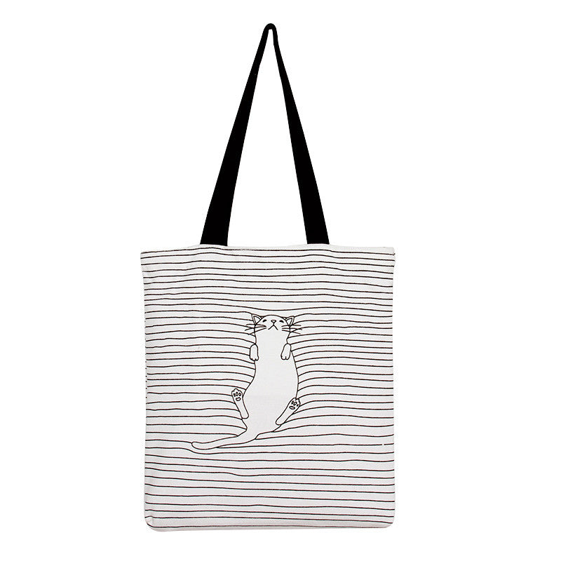 TANGIMP Cute Striped Napping Cat Cotton Canvas Handbags