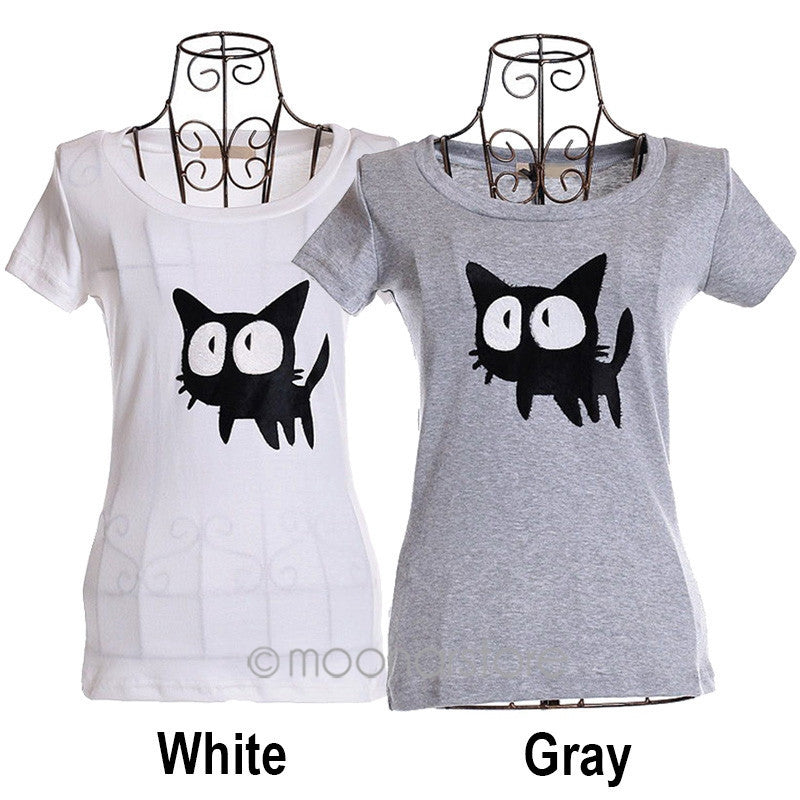 Sweet Slim Lovely Cat Round Neck Short Sleeve T-Shirt