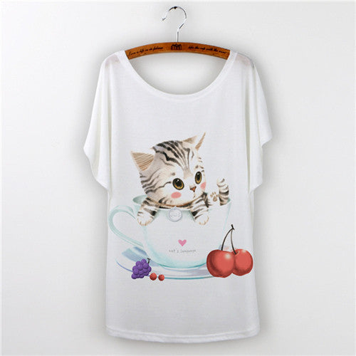 Women Clothing Ladies Tops Animal Cat Print T-shirt