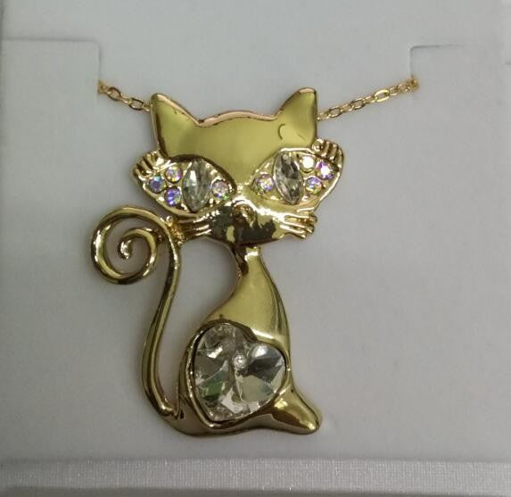 18K Gold Plated AAA Rhinestones Crystal Cat Necklace
